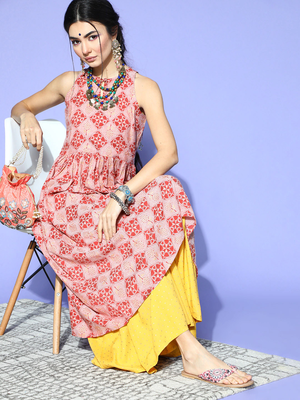 women pink cotton geometric printed a-line kurta 1