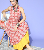 women pink cotton geometric printed a-line kurta