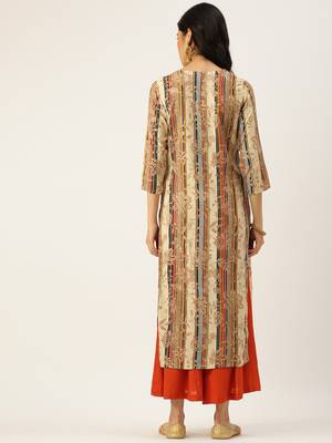 women's calf length round neck beige floral straight kurta 4
