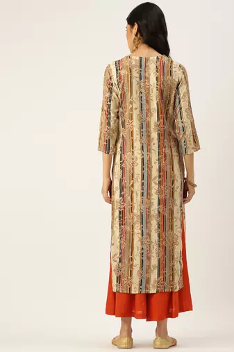 women's calf length round neck beige floral straight kurta