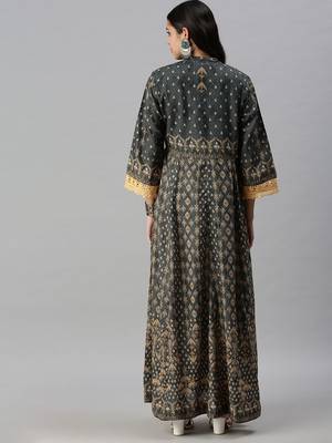 women's ankle length mandarin collar green ethnic motifs anarkali kurta 3