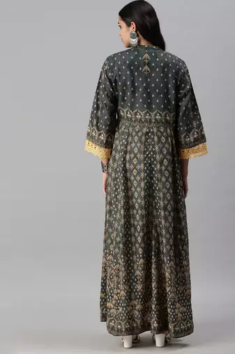 women's ankle length mandarin collar green ethnic motifs anarkali kurta