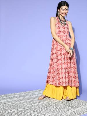 women pink cotton geometric printed a-line kurta 2