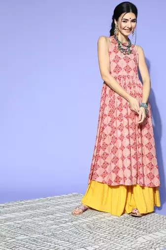 women pink cotton geometric printed a-line kurta