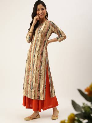 women's calf length round neck beige floral straight kurta 5