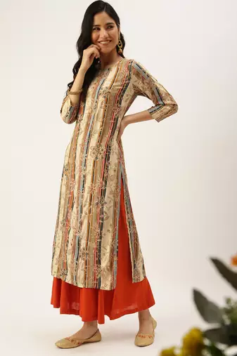 women's calf length round neck beige floral straight kurta