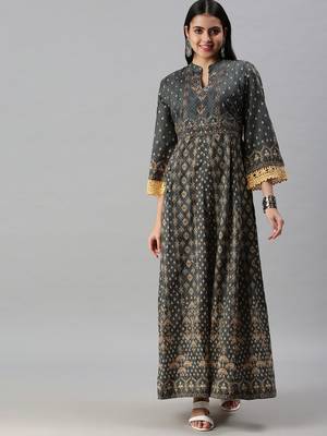 women's ankle length mandarin collar green ethnic motifs anarkali kurta 4
