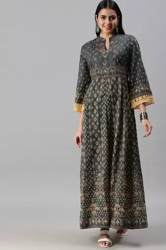 women's ankle length mandarin collar green ethnic motifs anarkali kurta