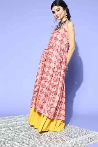 women pink cotton geometric printed a-line kurta