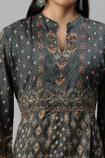 women's ankle length mandarin collar green ethnic motifs anarkali kurta