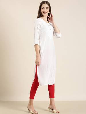 women's calf length round neck white solid straight kurta 4