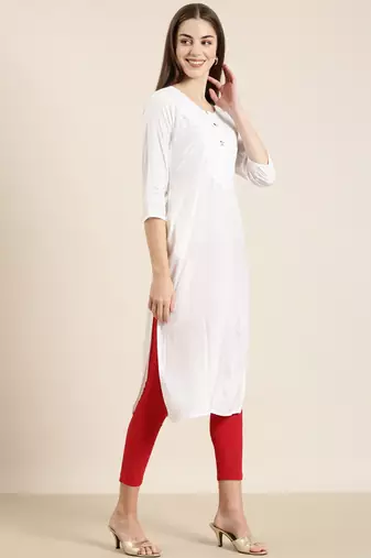 women's calf length round neck white solid straight kurta