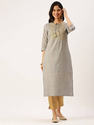 women's calf length round neck blue floral straight kurta 2