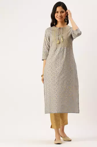 women's calf length round neck blue floral straight kurta