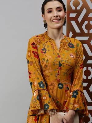 women's calf length mandarin collar yellow floral anarkali kurta 1