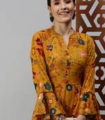 women's calf length mandarin collar yellow floral anarkali kurta