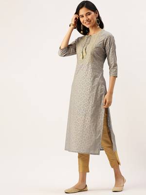 women's calf length round neck blue floral straight kurta 3