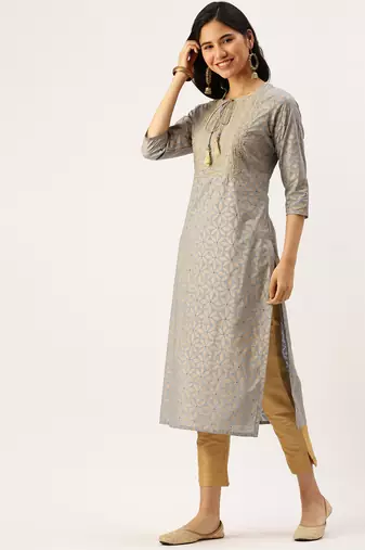 women's calf length round neck blue floral straight kurta
