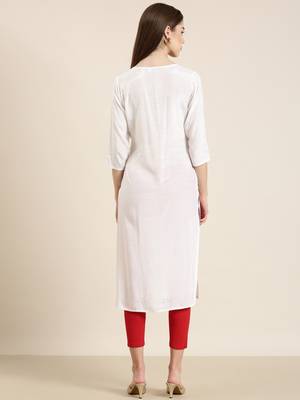 women's calf length round neck white solid straight kurta 5