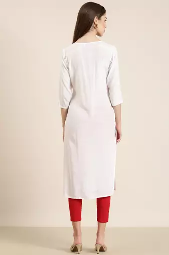 women's calf length round neck white solid straight kurta