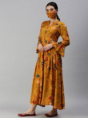 women's calf length mandarin collar yellow floral anarkali kurta 2