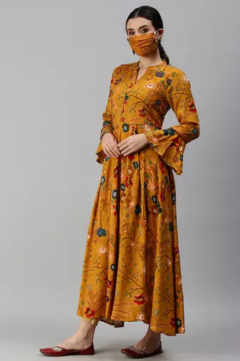 women's calf length mandarin collar yellow floral anarkali kurta