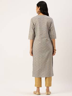 women's calf length round neck blue floral straight kurta 4