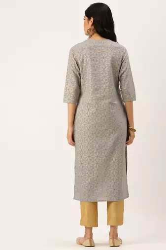 women's calf length round neck blue floral straight kurta