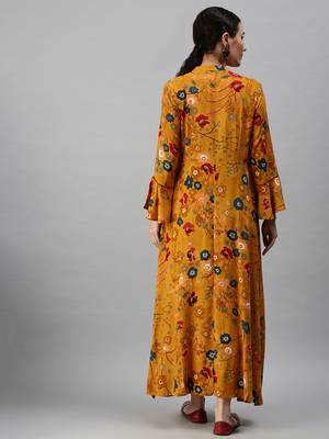 women's calf length mandarin collar yellow floral anarkali kurta 3