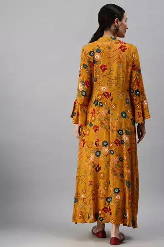 women's calf length mandarin collar yellow floral anarkali kurta