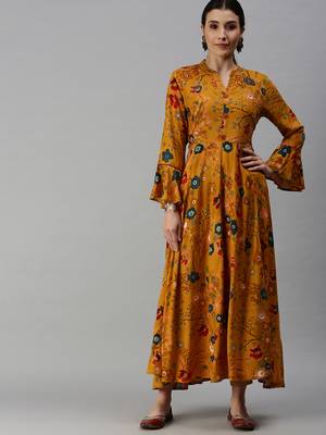 women's calf length mandarin collar yellow floral anarkali kurta 4