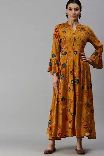 women's calf length mandarin collar yellow floral anarkali kurta