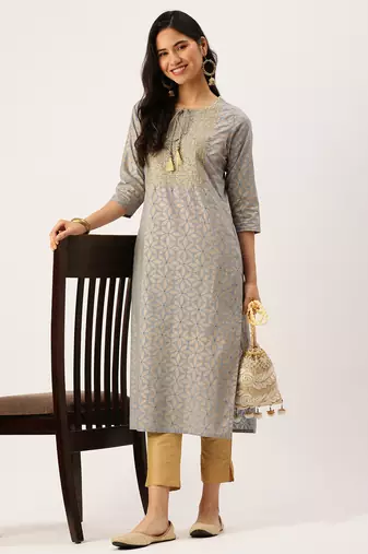 women's calf length round neck blue floral straight kurta