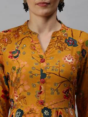 women's calf length mandarin collar yellow floral anarkali kurta 5