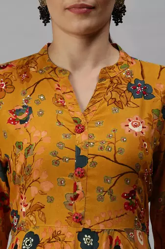 women's calf length mandarin collar yellow floral anarkali kurta