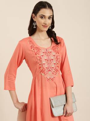women's calf length round neck coral solid a-line kurta 1