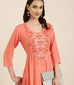women's calf length round neck coral solid a-line kurta