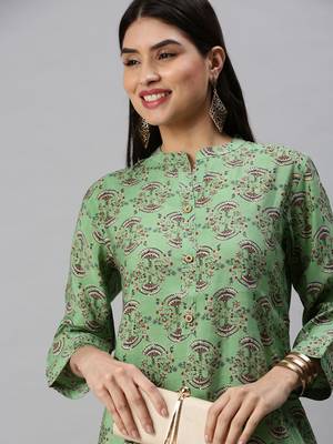 women's calf length mandarin collar green ethnic motifs straight kurta 1