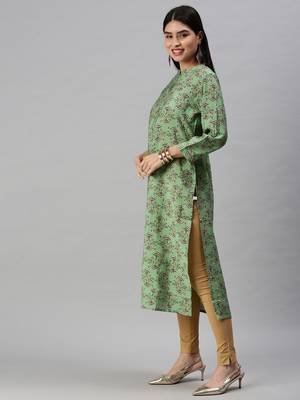 women's calf length mandarin collar green ethnic motifs straight kurta 2