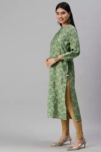 women's calf length mandarin collar green ethnic motifs straight kurta