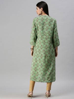 women's calf length mandarin collar green ethnic motifs straight kurta 3