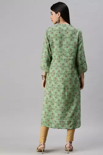 women's calf length mandarin collar green ethnic motifs straight kurta