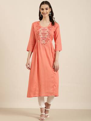 women's calf length round neck coral solid a-line kurta 2