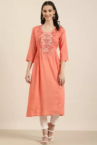 women's calf length round neck coral solid a-line kurta