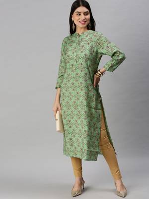 women's calf length mandarin collar green ethnic motifs straight kurta 4