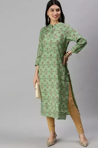 women's calf length mandarin collar green ethnic motifs straight kurta