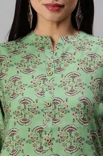 women's calf length mandarin collar green ethnic motifs straight kurta
