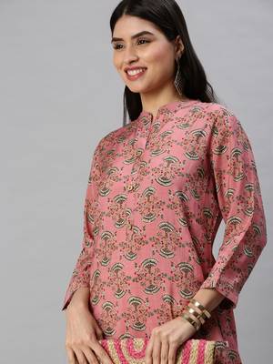 women's calf length mandarin collar pink ethnic motifs straight kurta 1