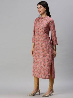 women's calf length mandarin collar pink ethnic motifs straight kurta 2