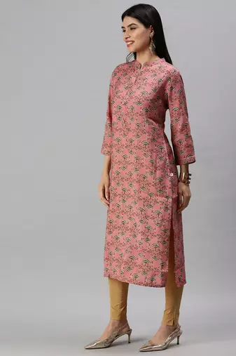 women's calf length mandarin collar pink ethnic motifs straight kurta